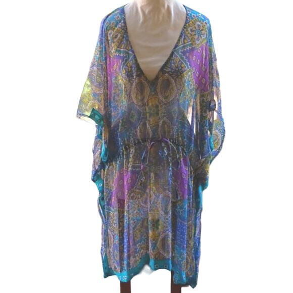 EXOTIC BEACH COVERUP Turqouise Sequins PLUS SIZE Paisely Gypsy Mirror One Size - Picture 2 of 10